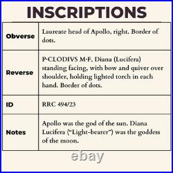 Moon Goddess Denarius 42BC Ancient Roman Republic Silver Coin Clodius Diana