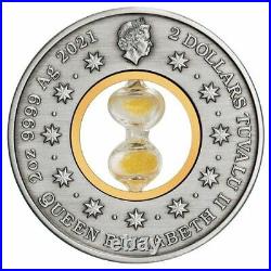NEW 2021 Tuvalu Hourglass Coin 2 oz Silver Antiqued Perth Mint Box/Coa
