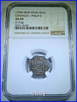 NGC AU Philip II 1500's Spanish Granada Silver 1 Reales Antique Pirate Cob Coin
