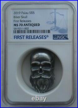 NGC MS70 First Releases Palau 2019 Biker Skull Antiqued Silver Coin 1oz COA Box