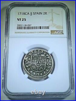 NGC VF-25 1718 Spanish Silver 2 Reales Genuine Antique 1700's Pirate Cross Coin