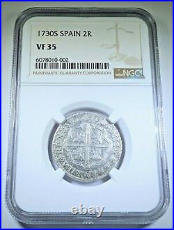 NGC VF-35 1730 Spanish Silver 2 Reales Genuine Antique 1700's Pirate Cross Coin