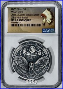 Oglala Lakota Sioux Nation Moon Spirit 2023 Silver $1 UHR NGC MS 70 Antiqued