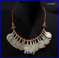 Old Berber Necklace Silver Moroccan Coins and Coral North Morocco