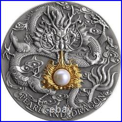Pearl and Dragon Divine Pearls 2 oz Antique finish Silver Coin 5$ Niue 2022