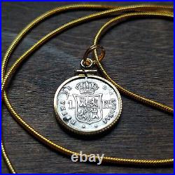 Rare 1863 Antique Maritime Spanish 1R Silver coin pendant & Chain w COA & Box