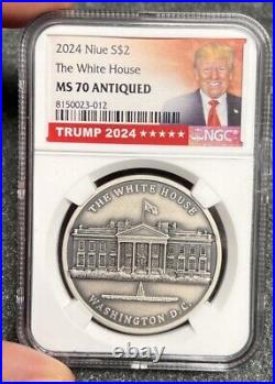 Rare! 2024 NIUE $2 TRUMP 2024'The White House' NGC MS70 Antiqued Silver Coin