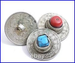 Repurposed Nepal 1 Rupee Coin Amulet with Sherpa Coral Turquoise Himalayan Style