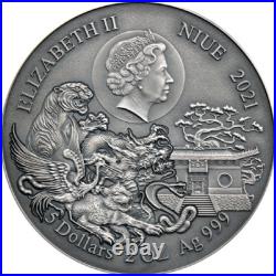 Shaolin Tiger Martial Arts Styles 2 oz Antique finish Silver Coin 5$ Niue 2021