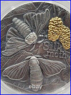 Silk Moth Nature Architects 2 oz Antique finish Silver Coin withbox & COA