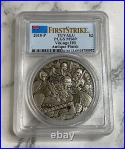 Silver 2 Oz Coin PCGS MS69 Vikings HR Antique Finish