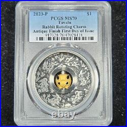 Silver 2023-P Tuvalu Year of the Rabbit Rotating Charm Antique Finish PCGS MS70