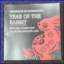 Silver 2023-P Tuvalu Year of the Rabbit Rotating Charm Antique Finish PCGS MS70