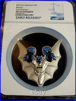 Silver 5 Oz Colorized Batman Shaped Coin Barbados 2022 Antique Finish MS70