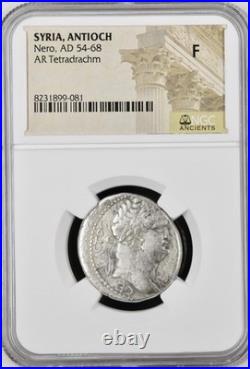 Silver Emperor Nero Large Roman Tetradrachm 54AD-68AD NGC Graded Fine Beautiful