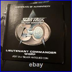 Star Trek Next Generation Lieutenant Commander Worf 2017 2oz Silver Antique Coin