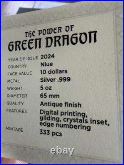 The Power of Green Dragon 5 oz Antique finish Silver Coin 10$ Niue 2024