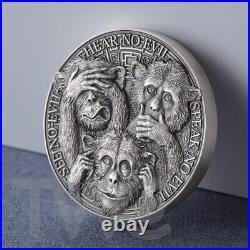 Three Wise Monkeys Life Quotes 1oz Antique finish Silver Coin 5 Cedis Ghana 2022 Three Wise Monkeys Life Quotes 1oz Antique finish Silver Coin 5 Cedis Ghana 2022