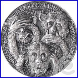 Three Wise Monkeys Life Quotes 1oz Antique finish Silver Coin 5 Cedis Ghana 2022 Three Wise Monkeys Life Quotes 1oz Antique finish Silver Coin 5 Cedis Ghana 2022