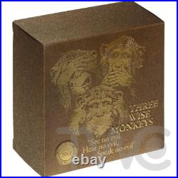 Three Wise Monkeys Life Quotes 1oz Antique finish Silver Coin 5 Cedis Ghana 2022 Three Wise Monkeys Life Quotes 1oz Antique finish Silver Coin 5 Cedis Ghana 2022