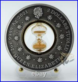 Tuvalu 2021 Hourglass 2 Oz Antiqued Silver Coin with insert miniature Hourglass