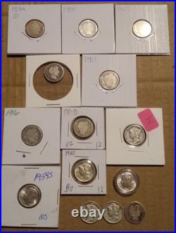U. S. Antique Silver Dime Lot of 14. Barber, Mercury, Roosevelt 90% $1.40 FV