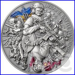 Ukraine. Battle Hardened 2 oz Antique finish Silver Coin 10 Cedis Ghana 2024