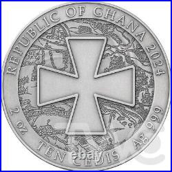 Ukraine. Battle Hardened 2 oz Antique finish Silver Coin 10 Cedis Ghana 2024