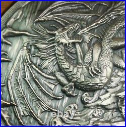 Ultra High Relief Silver 10 oz. 999 Fine ANTIQUED Dragon Fire Coin with box