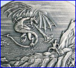 Ultra High Relief Silver 10 oz. 999 Fine ANTIQUED Dragon Fire Coin with box-a