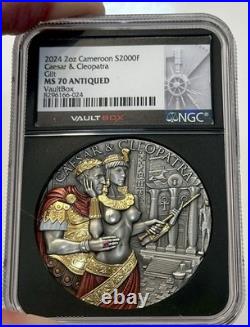 Vaultbox 2024 Caesar & Cleopatra 2oz Silver Antiqued & High Relief Coin NGC MS70