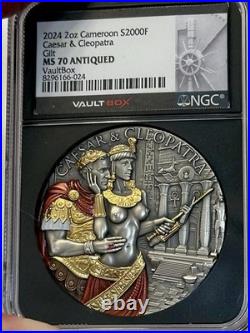 Vaultbox 2024 Caesar & Cleopatra 2oz Silver Antiqued & High Relief Coin NGC MS70
