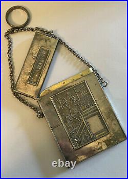 Victorian 1876 Silver Plated Chatelaine Dance Card Coin Finger Purse Ring Chain