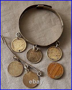 Vintage Antique Engraved Silver Victorian Love Token Bracelet & Coins Sm Wrist
