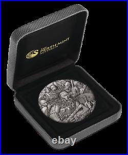 WARFARE VIKINGS 2018 2oz Silver Antique HIGH RELIEF RIMLESS Coin 3D VIEW