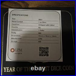 Year of the Rabbit Dice Coin 2023 Fiji $1 1 oz. 999 Silver Antiqued Colour