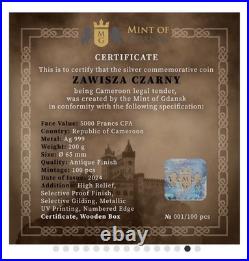 Zawisza The Black 200g Antiqued Silver Coin 5000 Francs CFA Cameroon 2024 6.4oz